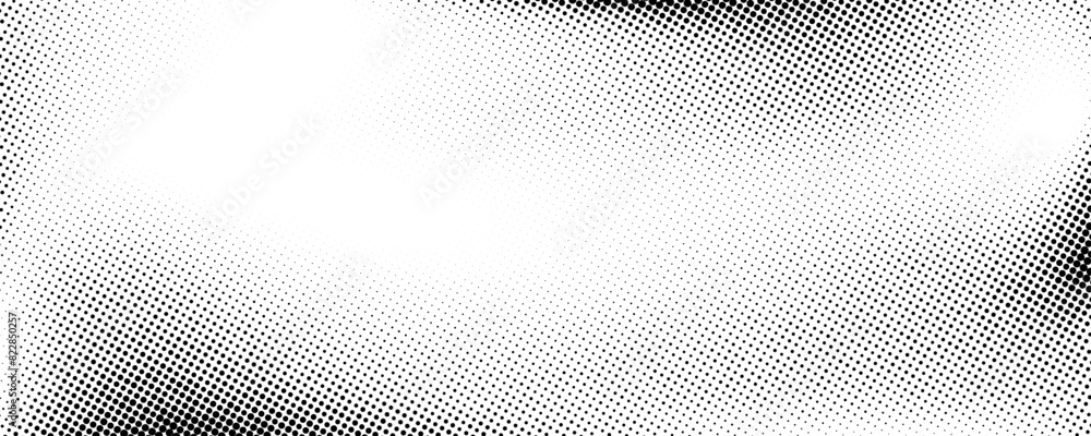 Fototapeta premium Grunge halftone gradient background. Faded grit noise texture. White and black sand wallpaper. Retro pixelated backdrop. Anime or manga style comic overlay. Vector graphic design textured template