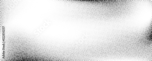 Grunge halftone gradient background. Faded grit noise texture. White and black sand wallpaper. Retro pixelated backdrop. Anime or manga style comic overlay. Vector graphic design textured template © vika_k