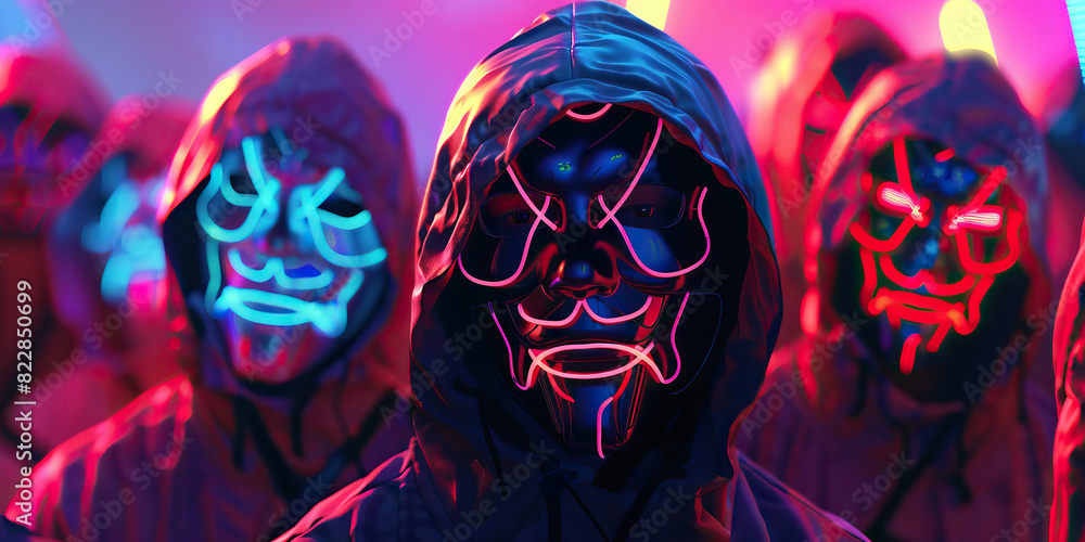 Naklejka premium Technopagan Ritual: A group of individuals adorned with neon masks and swaying to an echoing rhythm, surrounded by flashing lights and otherworldly symbols.