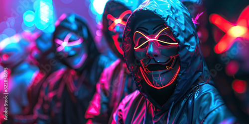 The Technopagan's Rite: A gathering of people wearing neon masks and chanting to a pulsing beat. photo