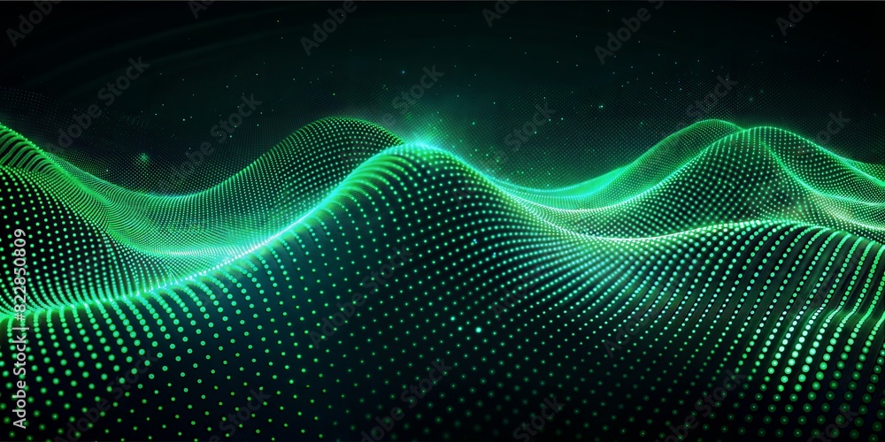 the image showcases a dark background with a pattern of green dots that create a wave-like formation, giving an impression of depth and movement. The arrangement of dots is denser in some areas the image showcases a dark background with a pattern of green dots that create a wave-like formation, giving an impression of depth and movement. The arrangement of dots is denser in some areas