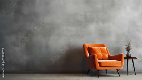 A photorealistic close-up of a retro-style living room interior with a burnt orange velvet armchair and a large grey empty wall