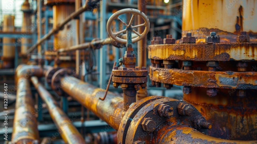 Rustcolored tanks and pipes surrounding a central gas flare creating a mazelike structure in the oil fields. Rustcolored tanks and pipes surrounding a central gas flare creating a mazelike structure in the oil fields.