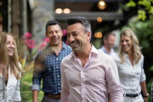 Portrait of smiling man standing in front of group of people outdoors