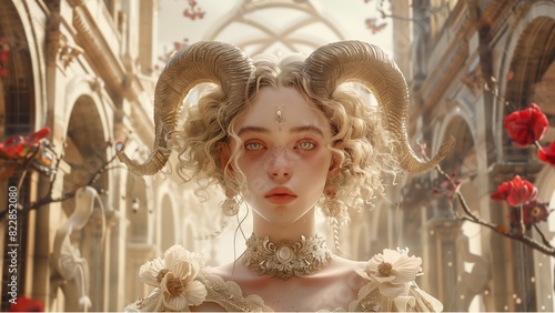 an ethereal, fantasy character with a classical elegance with curly blonde hair and horns reminiscent of a ram, suggesting a mythical creature like a faun or a deity photo