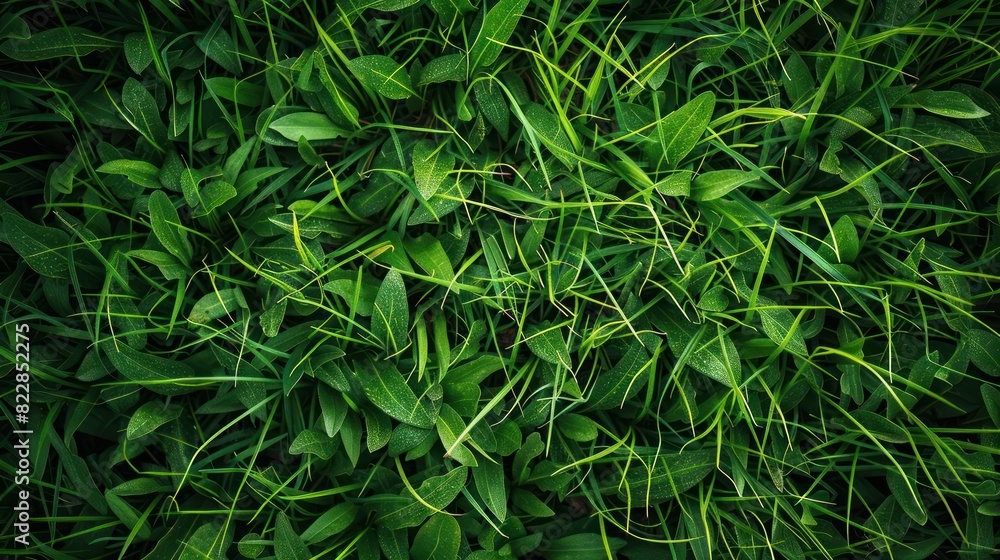a lush green field of grass, with a mix of small, medium, and large leaves a lush green field of grass, with a mix of small, medium, and large leaves