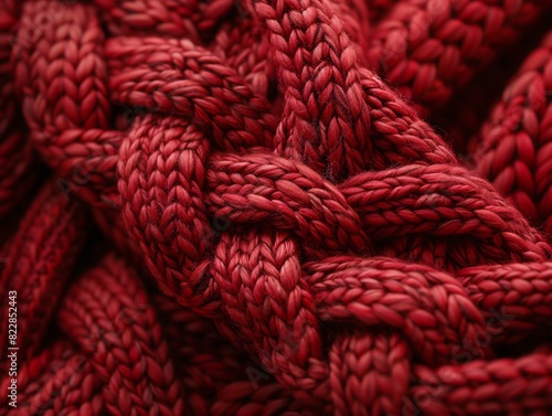 Macro shot showcasing the intricate patterns and rich texture of a red knitted material.