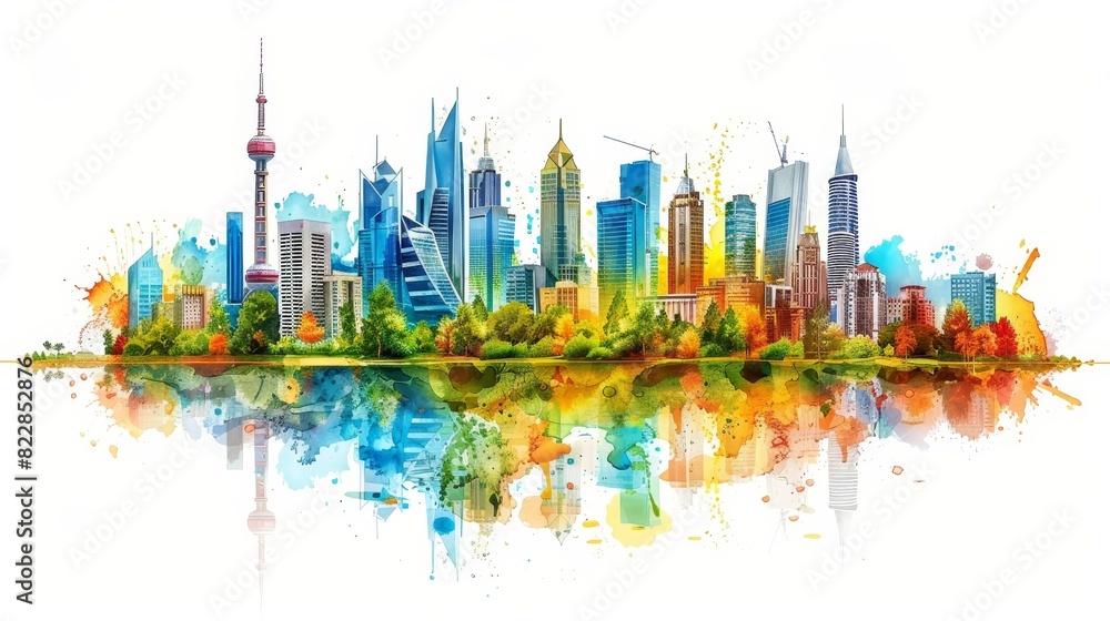 a watercolor painting of a city skyline with a reflection