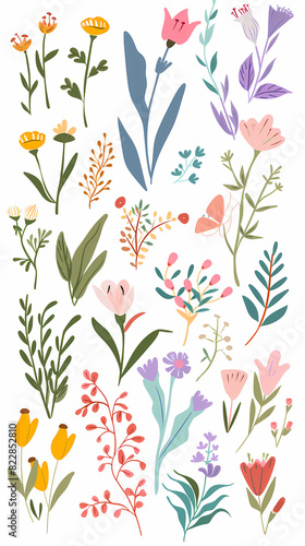 Collection of colorful floral elements in flat color. Set of spring and summer wild flowers  plants  branches  leaves and herb.