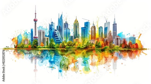 a watercolor painting of a city skyline with a reflection