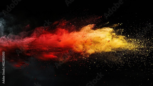 a colorful explosion of powder in the dark, featuring a red, green, blue, yellow, and white powder arranged in a circular pattern
