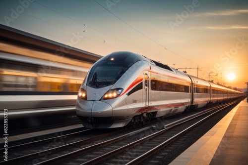 Modern high-speed train moving in railway station with motion blur effect