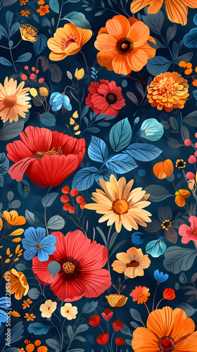 Collection of colorful floral elements in flat color. Set of spring and summer wild flowers  plants  branches  leaves and herb.