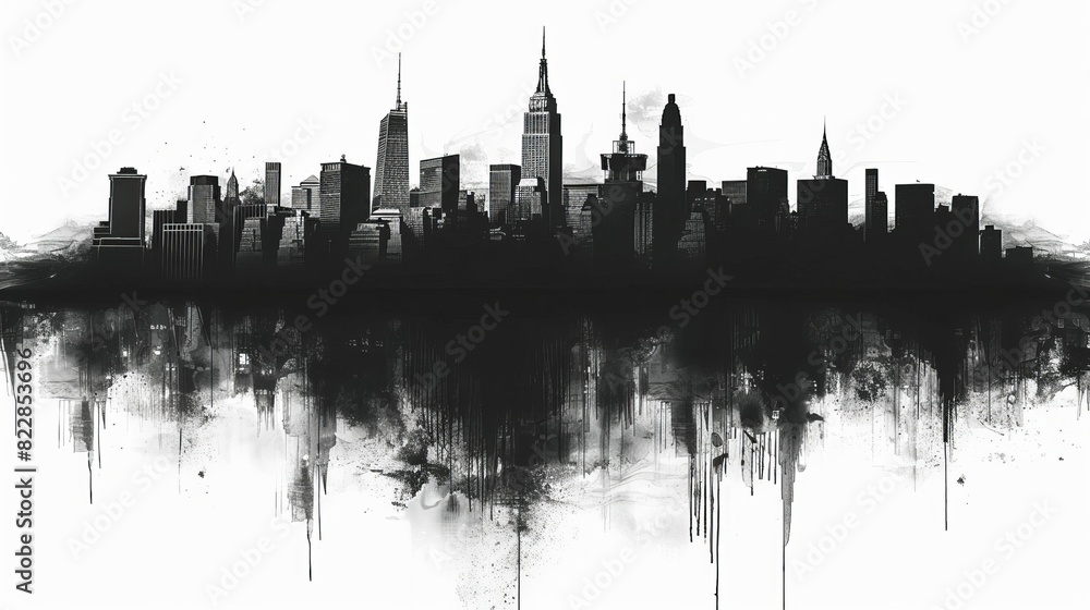 Obraz premium a black and white city skyline with a reflection in the water