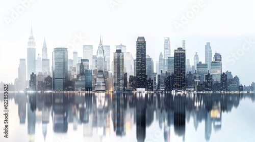 a city skyline with a reflection in the water