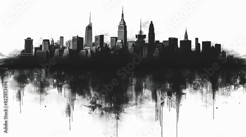 a black and white city skyline with a reflection in the water