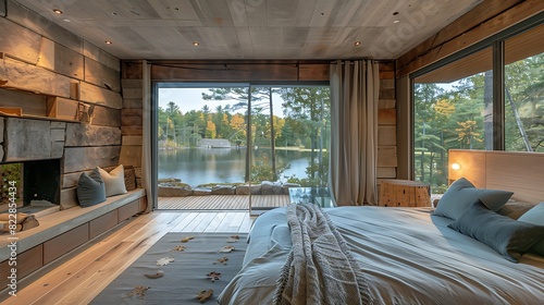 A bedroom with a large bed and a view of a lake and forest.