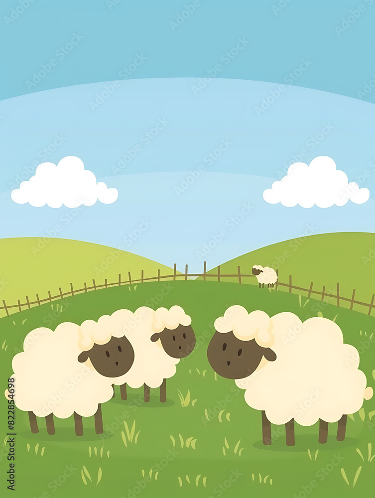 Sheep under sunny day on green hills, with a clear blue sky and white clouds Sheep under sunny day on green hills, with a clear blue sky and white clouds