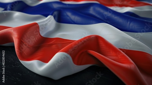 a table adorned with a variety of flags, including a white and blue flag, a blue and white flag, and a red and white flag, with a red leg visible in the photo