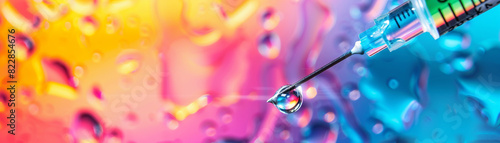 Medical syringe with drop of drug on colorful background photo