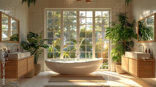A bathroom with a large window, a bathtub, two sinks, and a potted plant. © ABDUL FAROOQ