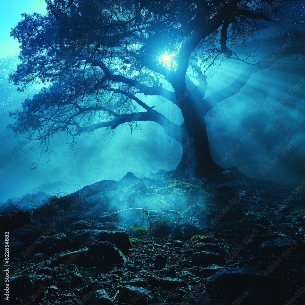 a lone tree in a misty, misty, foggy landscape a lone tree in a misty, misty, foggy landscape