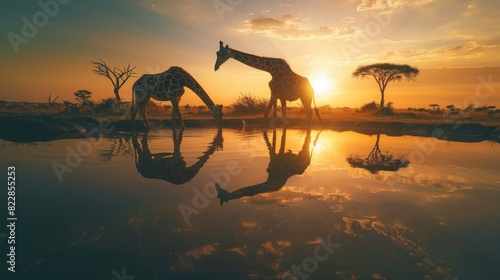 Silhouetted Giraffes Drinking at Watering Hole in African Savannah