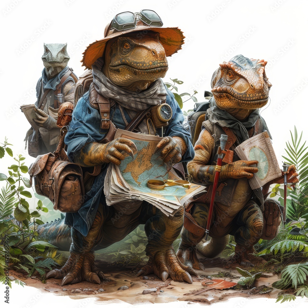 Fototapeta premium a group of people with dinosaurs and a map