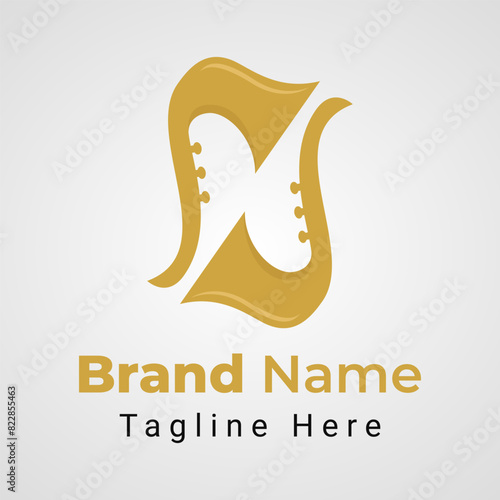 Letter N Saxophone Logo, simple logo of Two Saxophone Musical Instruments is arranged to form the Negative Space of Letter N
