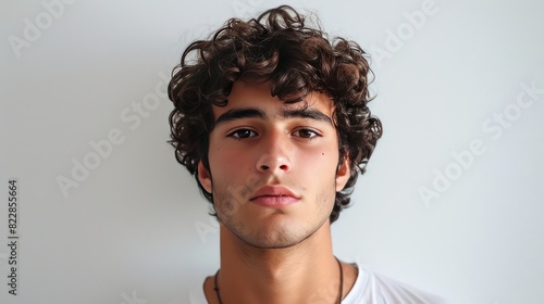 The face of a young man with curly hair facing the camera against a plain background.