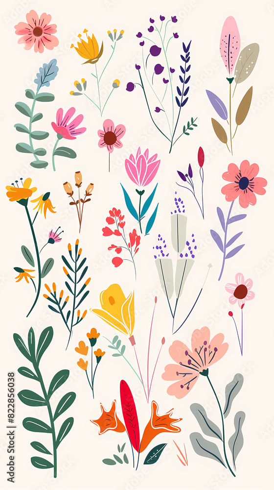 Collection of colorful floral elements in flat color. Set of spring and summer wild flowers, plants, branches, leaves and herb.