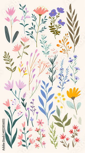 Collection of colorful floral elements in flat color. Set of spring and summer wild flowers, plants, branches, leaves and herb.