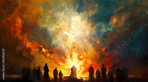 Pentecost. The descent of the Holy Spirit on the followers. People in front of a bright fire with white dove up in the sky. Digital painting. © Bi