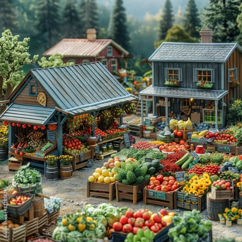 a model of a farmers market with produce and vegetables