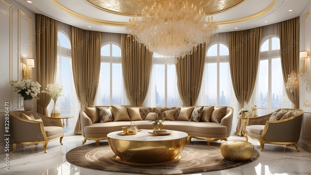 Royal luxury living room interior design, modern latte and golden