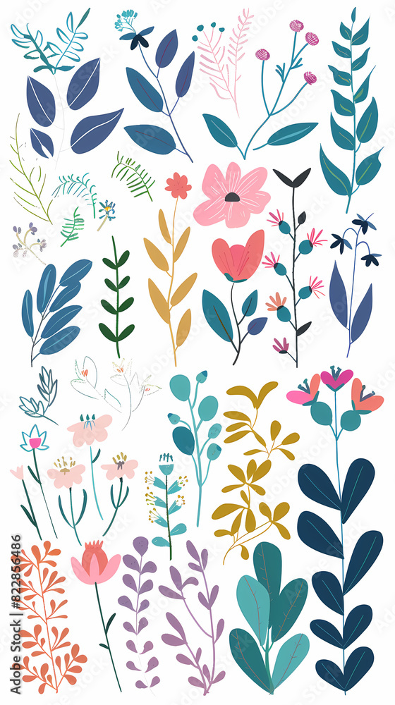 Fototapeta premium Collection of colorful floral elements in flat color. Set of spring and summer wild flowers, plants, branches, leaves and herb.