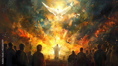 Pentecost. The descent of the Holy Spirit on the followers. People in front of a bright fire with white dove up in the sky. Digital painting.