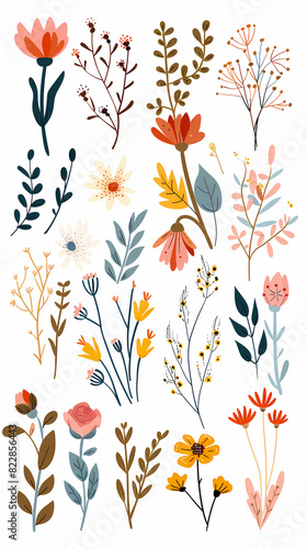 Collection of colorful floral elements in flat color. Set of spring and summer wild flowers, plants, branches, leaves and herb. © ak159715