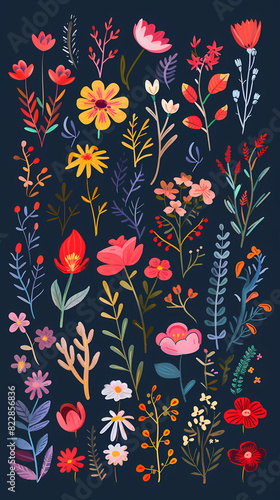 Collection of colorful floral elements in flat color. Set of spring and summer wild flowers, plants, branches, leaves and herb.