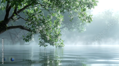 a tree overhanging water with mist and trees in the background photo