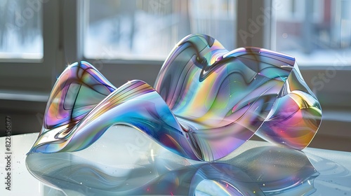 dichroic glass sheets forming a geometric deformed sculpture in the form of a contemporary strange transparent curved and flat deformed sheets with other flat deformed flat sheets inside interlaced,  photo
