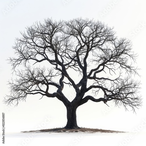 a large tree with no leaves in a snowy field