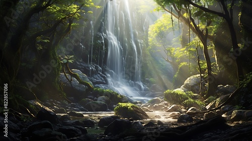 A secluded waterfall hidden behind a curtain of foliage  with a few sunbeams filtering through.