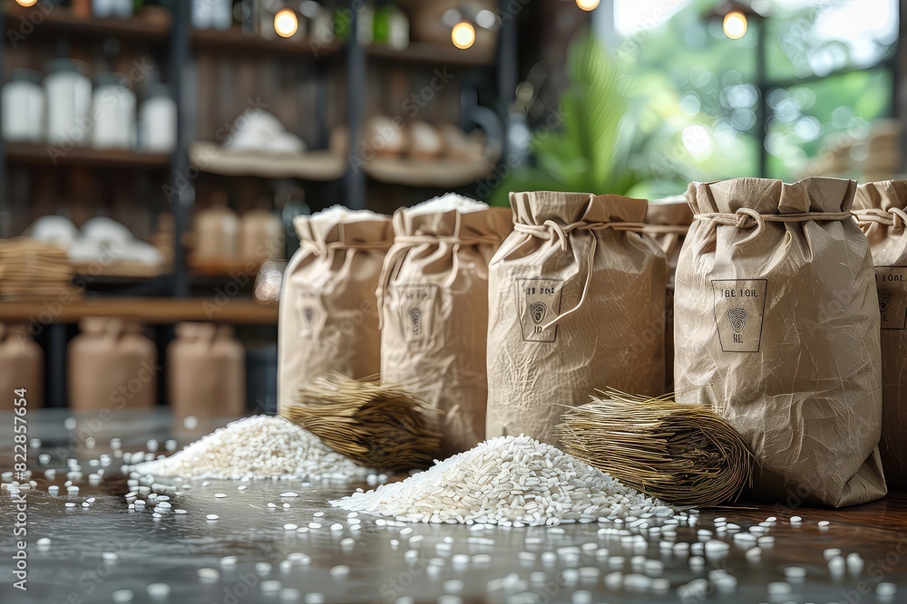 White rice in burlap sack bag