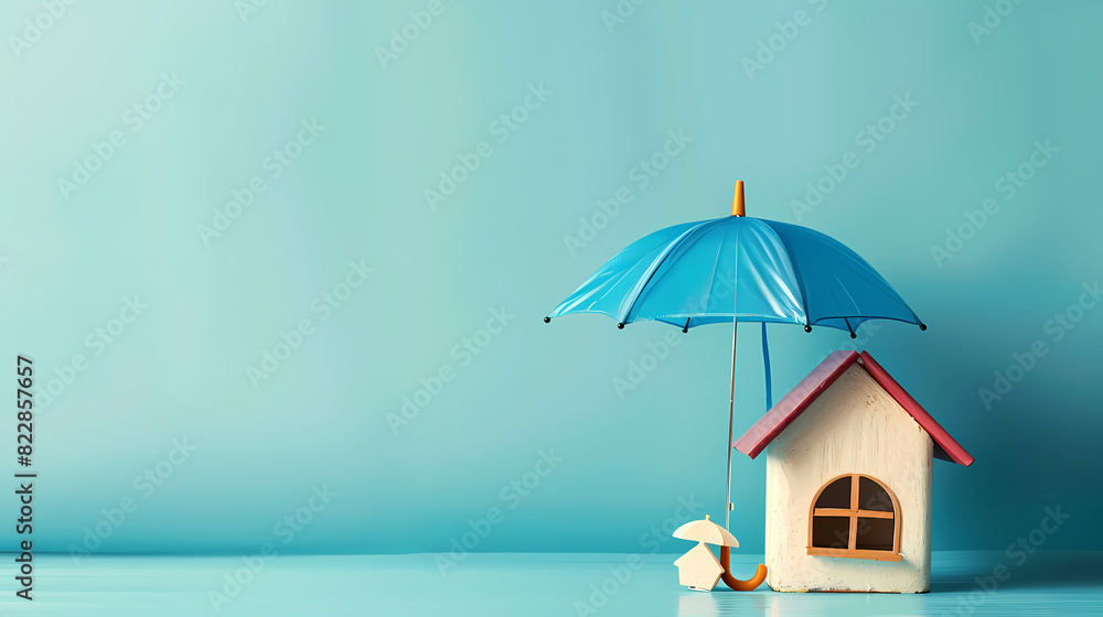 House figure under umbrella, property safety and insurance concept on isolated blue background with space for copy