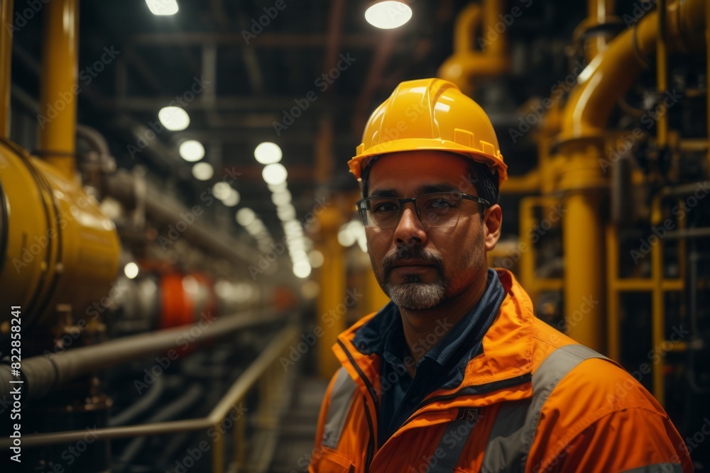 Worker supervisor wearing hat and safety suit at district factory control pipe quality and inspection Worker supervisor wearing hat and safety suit at district factory control pipe quality and inspection