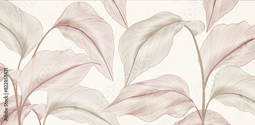 Botanical art background with pink and beige tropical leaves in line art style. Hand drawn vector banner for decoration, wallpaper, print, textile, interior design, cover, packaging.