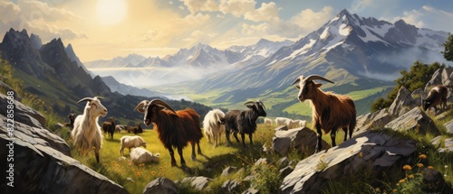 Goats climbing rocky terrain on a rural farm, with mountains in the background photo