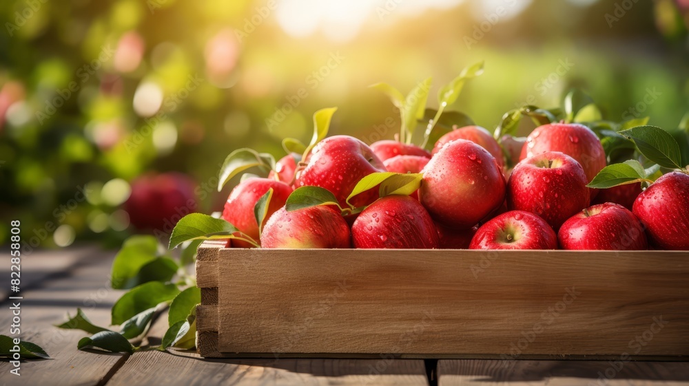 Freshly picked apples in a wooden crate, farm background, vibrant colors, copy space, Freshly picked apples in a wooden crate, farm background, vibrant colors, copy space,