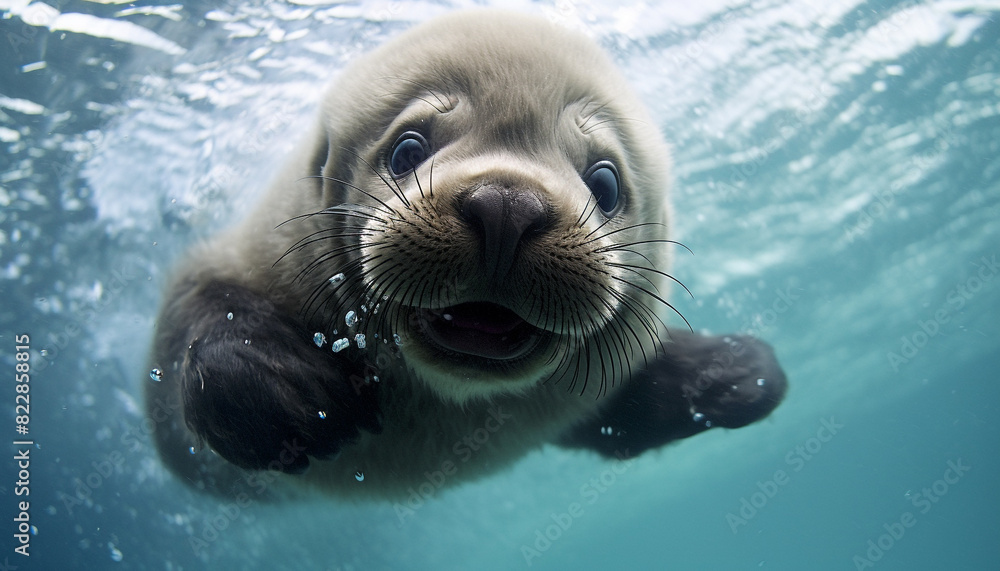 Fototapeta premium Cute seal pup swimming underwater, looking at camera playfully generated by AI